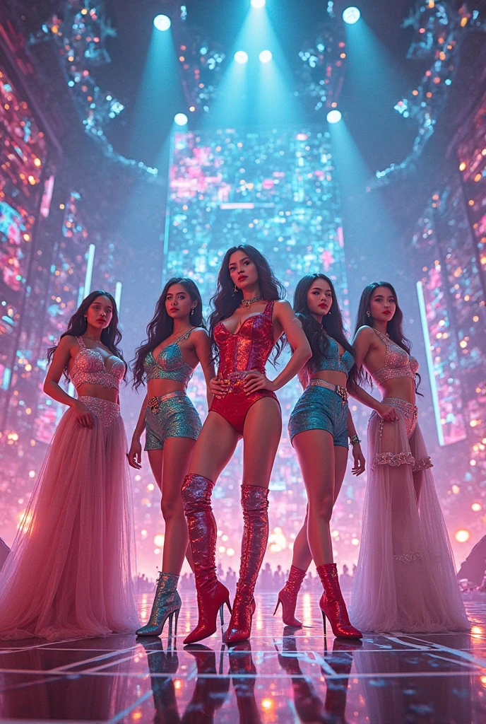 Blackpink Four members on the hot pink Stage, Background is Stone Snakes watching them,Blackpink members wearing beautiful Black and hot pink dresses and they hae beautiful hairs, the Crown is shining over them