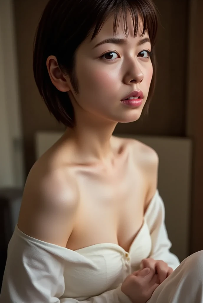 ((top quality, 8k, masterpiece: 1.3, raw photo)), Sharp Focus: 1.2, (1 aespa girl :1.2), (SOLO), (Realistic, Photorealistic: 1.37), (face focus: 1.1), cute face, ultra detailed face, small breasts, flat chest, short messy hair, (full nude, standing : 1.2), office room, look back, sunlight, movie lighting