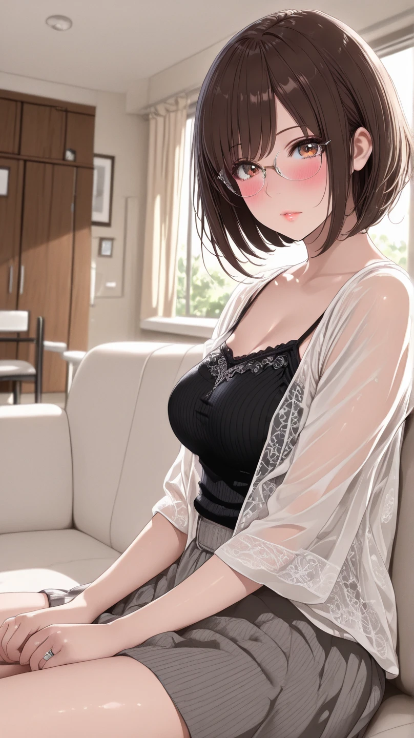 masterpiece、High resolution、Highest image quality、kurihara chiyo、bob cut hair、black hair、bangs、high school student、profile、pillow、blush、slender、thin thighs、facial expressions that feel sexual、Lying on your back on the bed、lie down with legs spread、Bra with detailed decoration、sexual panties with detailed decorations