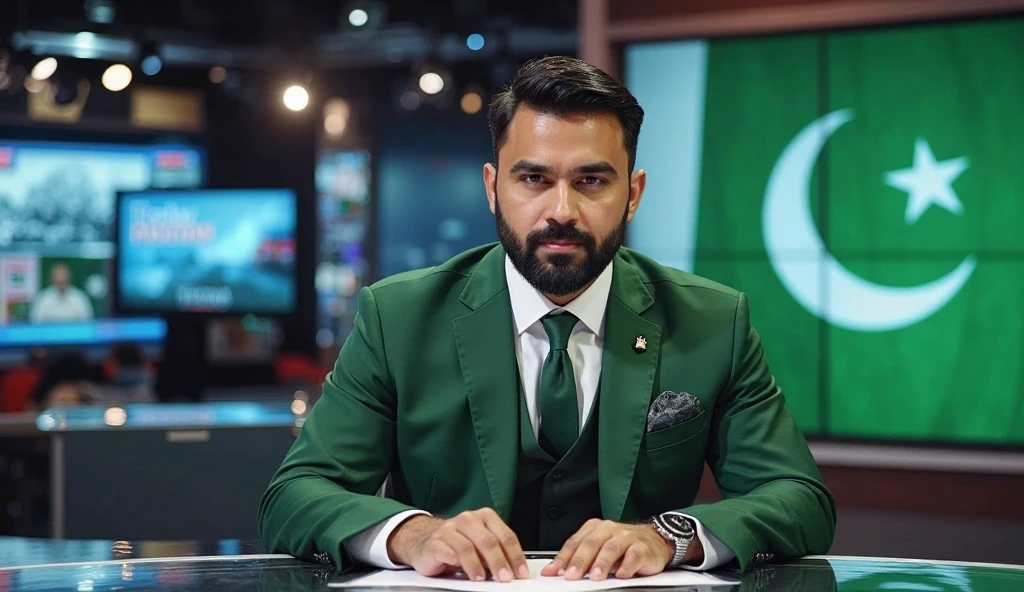Create a professional picture for my LinkedIn profile a Pakistani boy red light in background and add Pakistani flag logo on court bright colours