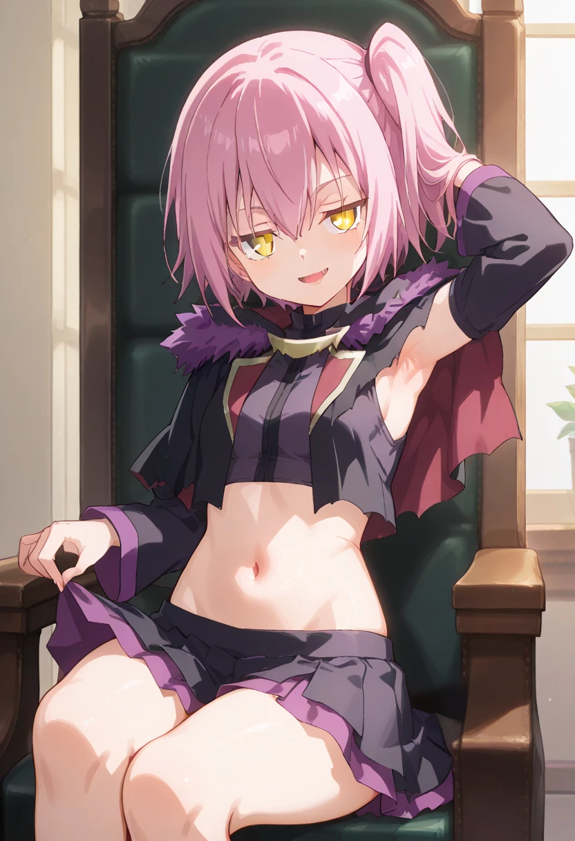(1 girl from an anime with purple hair), in the room, 1 girl, only, ((sadistic expression)), yellow eyes, Purpose, purple hair, looking at me, ((Lastly)), Wearing bikini shorts, (((side ponytail))), (((toned legs))), thick muscular thighs, slim waist, muscular belly, Hands on waist, bare foot, 8k,