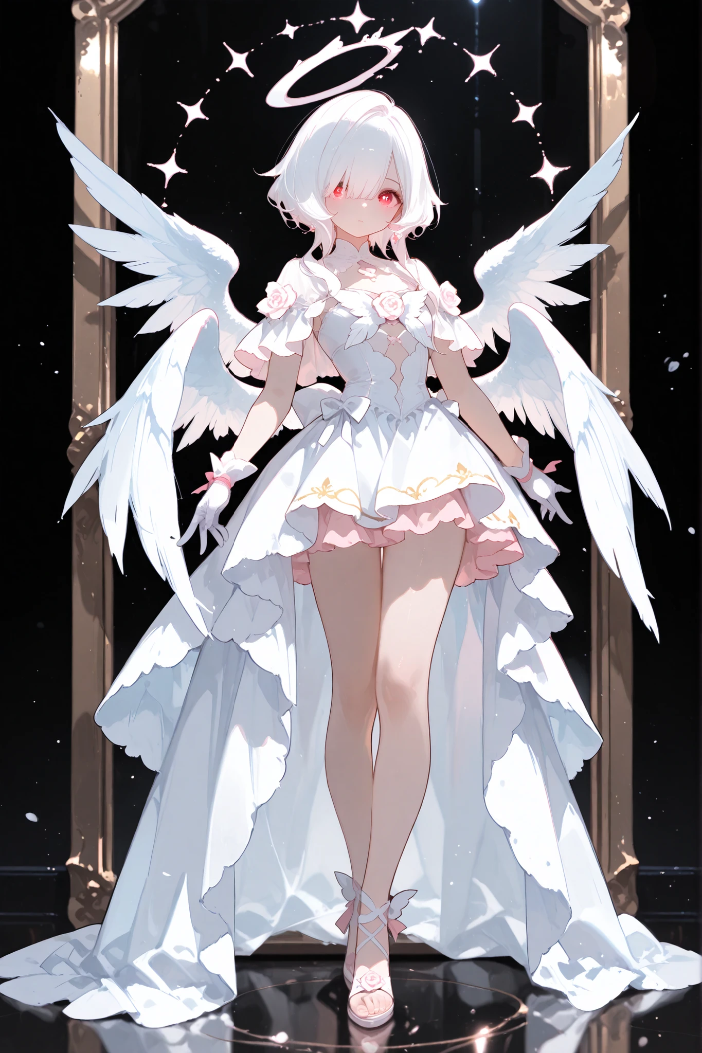 big, pure white wings、Eyes are hidden by wings、full body image、Standing picture、Magical Girl