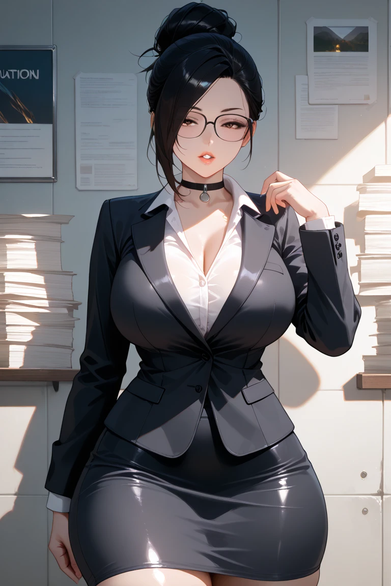 ((supermodel pose one hand on hip)) ((showing backside)) ((magnificent, majestic)) ((the most beautiful business woman)) ((pale skin)) ((glasses)) ((cute smile)) ((Big blue eyes)) ((very dark eyeshadows makeup)) ((bright red lips)), ((long straight black hair pony tail)) ((big breast:1.5)) ((slender body:1.3)) ((wear elegant blazer and skirt)) ((Lace bra, stocking)) ((inside a office
)), ((high definition:1.5) ((masterpiece:1.5))((8k:1.5)) ((Best quality:1.4)), more_details:-1, more_details:0, more_details:0.5, more_details:1, more_details:1.5, more prism, vibrant color,