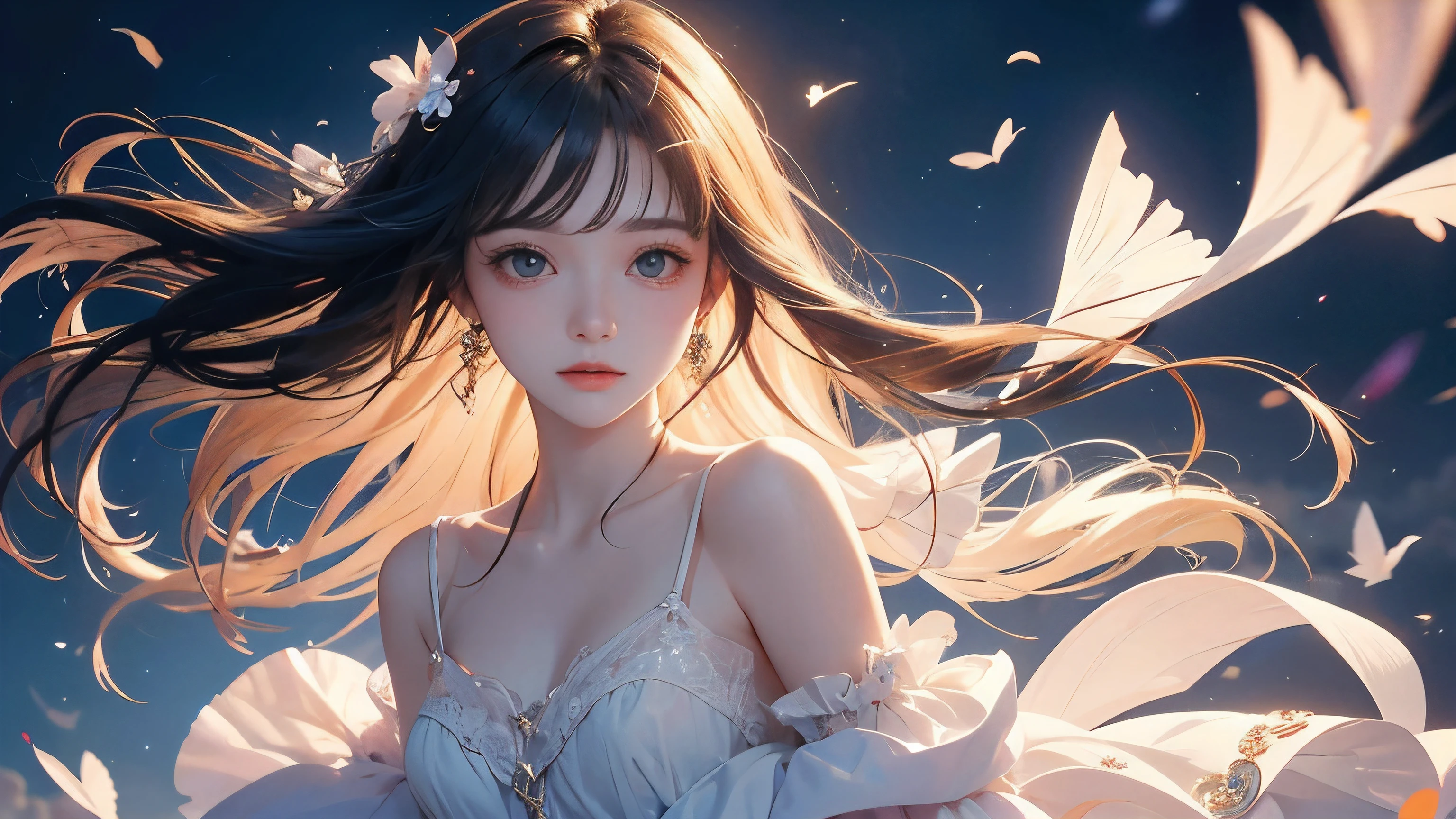 4K Ultra HD, masterpiece, A girl with a magical aura, Nice face, Long Hair, Shiny Hair, Fine grain, Glossy lips, Nude 1.5, Aura around the body, Magical Effects, Spreading white light, Cosmic elements and ethereal atmosphere, A mix of bright lights and colorful nebulae, Space Background,, Full Body Capture.Whitening、Silver Hair、(((Naked and wearing white cloth 1.5)))、Hair and fabric fluttering in the wind、(((2Girl 1.5)))
