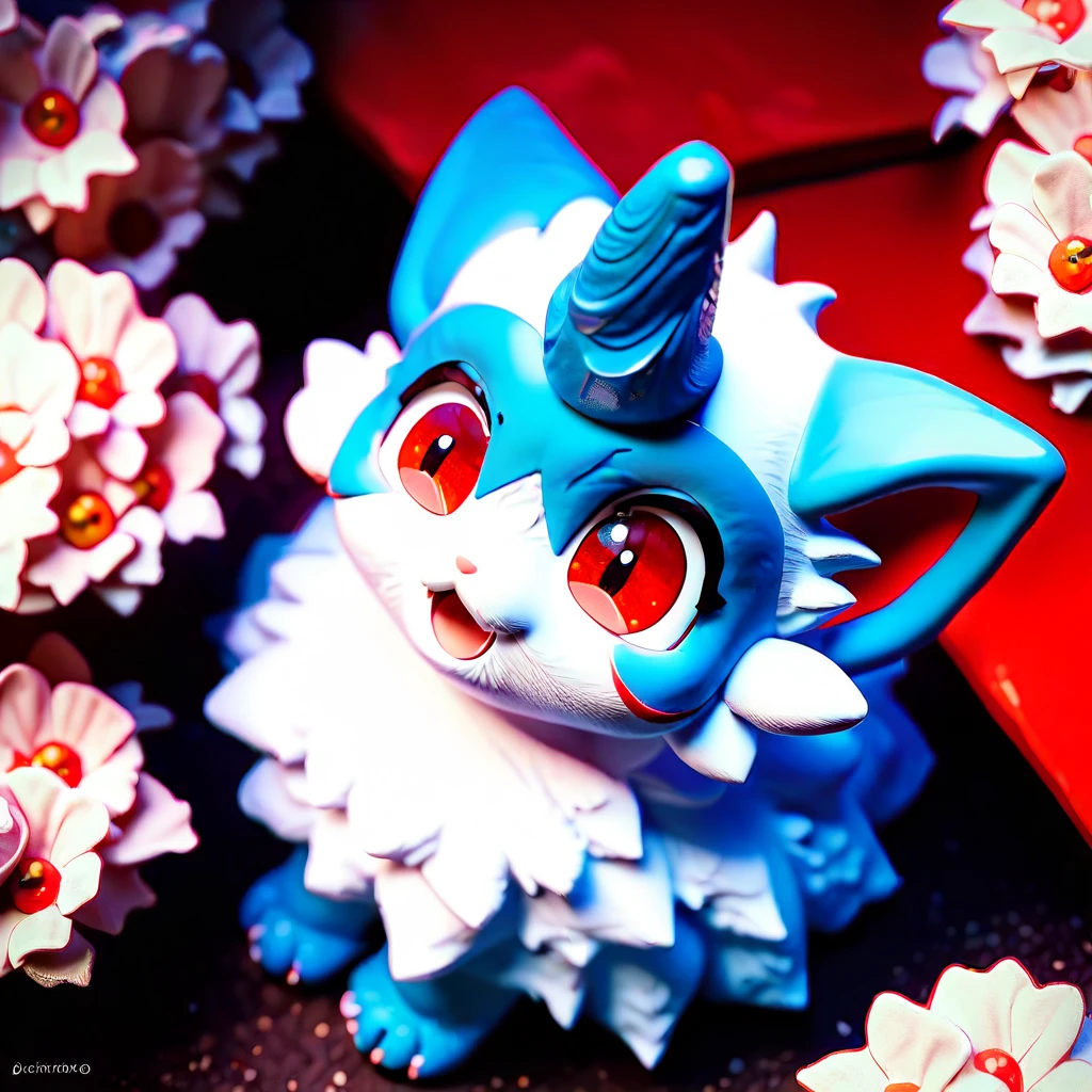 Cute beast with round face，Fleshy claws，Fleshy foot claws，Big blue eyes，The face has a light blue-white pattern，furry tail，Naughty personality