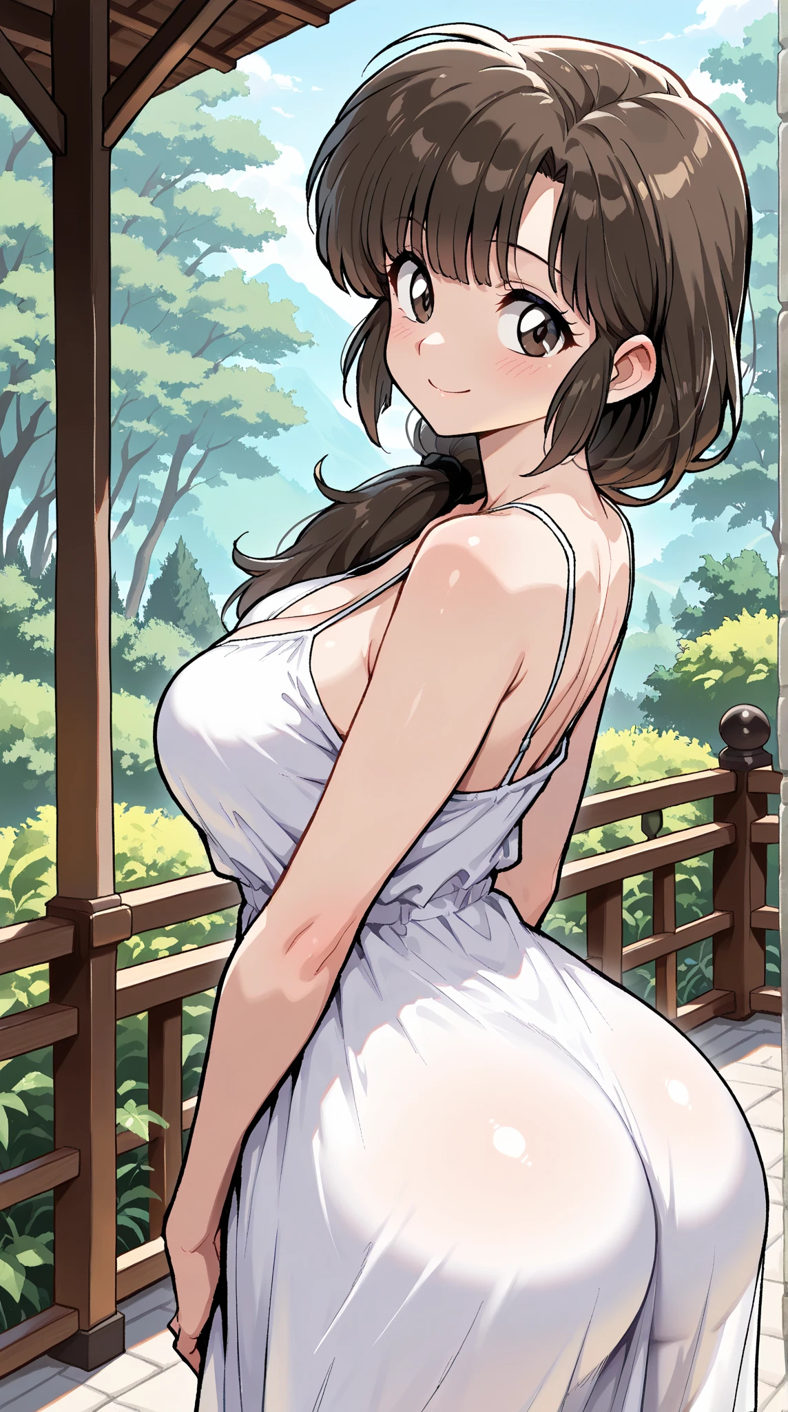 Suzukawa_akana, large_breasts, standing, solo, white dress , masterpiece, best quality, detailed face, detailed eyes, highres,score_9, score_8_up, score_7_up, score_6_up, 1girl, , mature female, black hair, long twin tail hair, black bra, black panties, seductive smile, balcony, railing, bent over, looking back, from behind, teasing, (covered in semen:1.4)