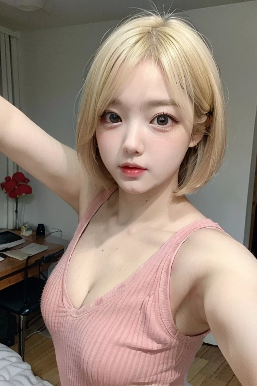 one person、16 years old、Full body photo、slender、woman、White drool coming out of the mouth、short hair、Blonde、  Fair skin, messy hair, super cute、Soft and Face、8k resolution、Surreal、Ultra high definition、 A-cup small breasts（（Highest resolution、8k、masterpiece：1.3））、Ultra-fine face、Ultra Fine Lips、Beautiful Eyes、double eyelid,Light blue wall、Pink bandeau dress:1.1、Thighs、thin,Thighs are visible、Shapely small breasts、