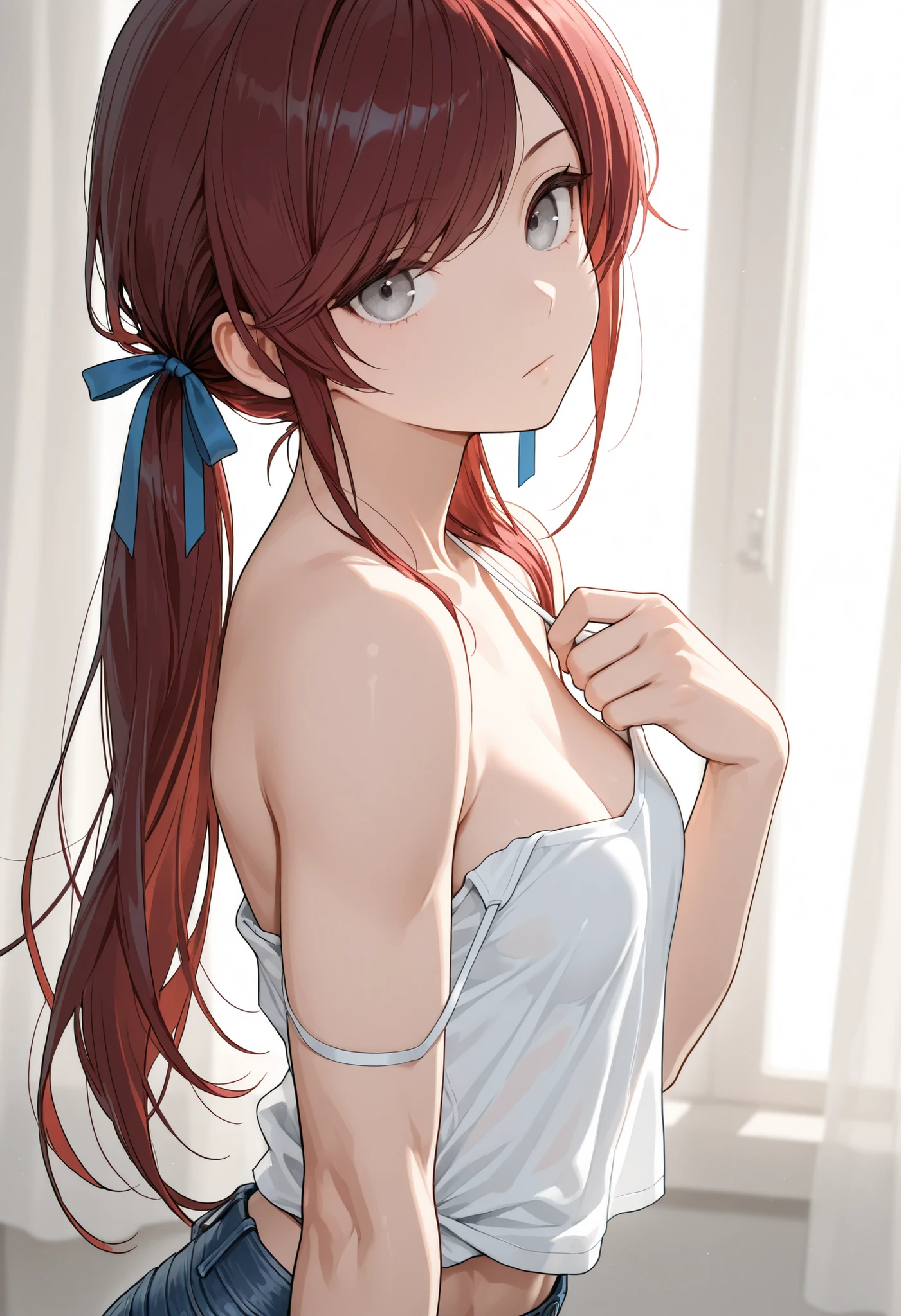 ((best quality)), ((masterpiece)), (detailed), 1girl, off-shoulder sweater, NSFW, small breasts, prominent collarbones, skinny arms, flat stomach, visible hip bones, long hair, ponytail, thick ponytail, heavy ponytail, red and white clothing, full body, whole body, body
