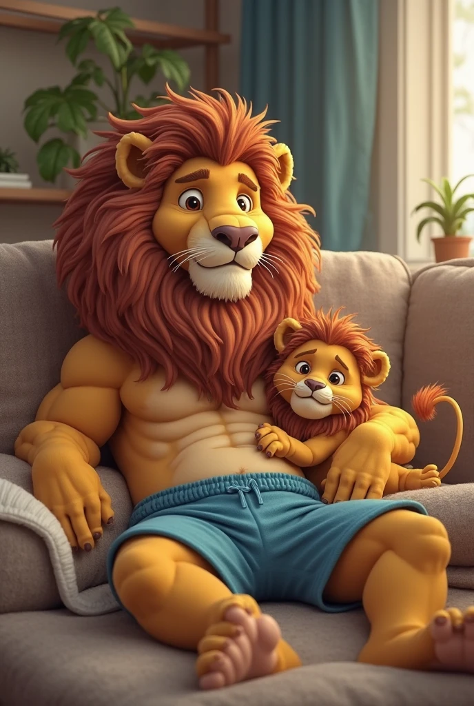 (by feralise, by taran fiddler) male, two lion, two characters (a big lion and a short lion)(size difference)(both character are adult), sitting on bed, rubbing belly (touching belly:1.3), wearing spiked collar, showing off belly, athletic body ((correct anatomy:1.3)), suffering, panting, round bloated belly (with some muscle), muscle gut, bulge, blue thong underwear, bedroom enviroment (bed)
