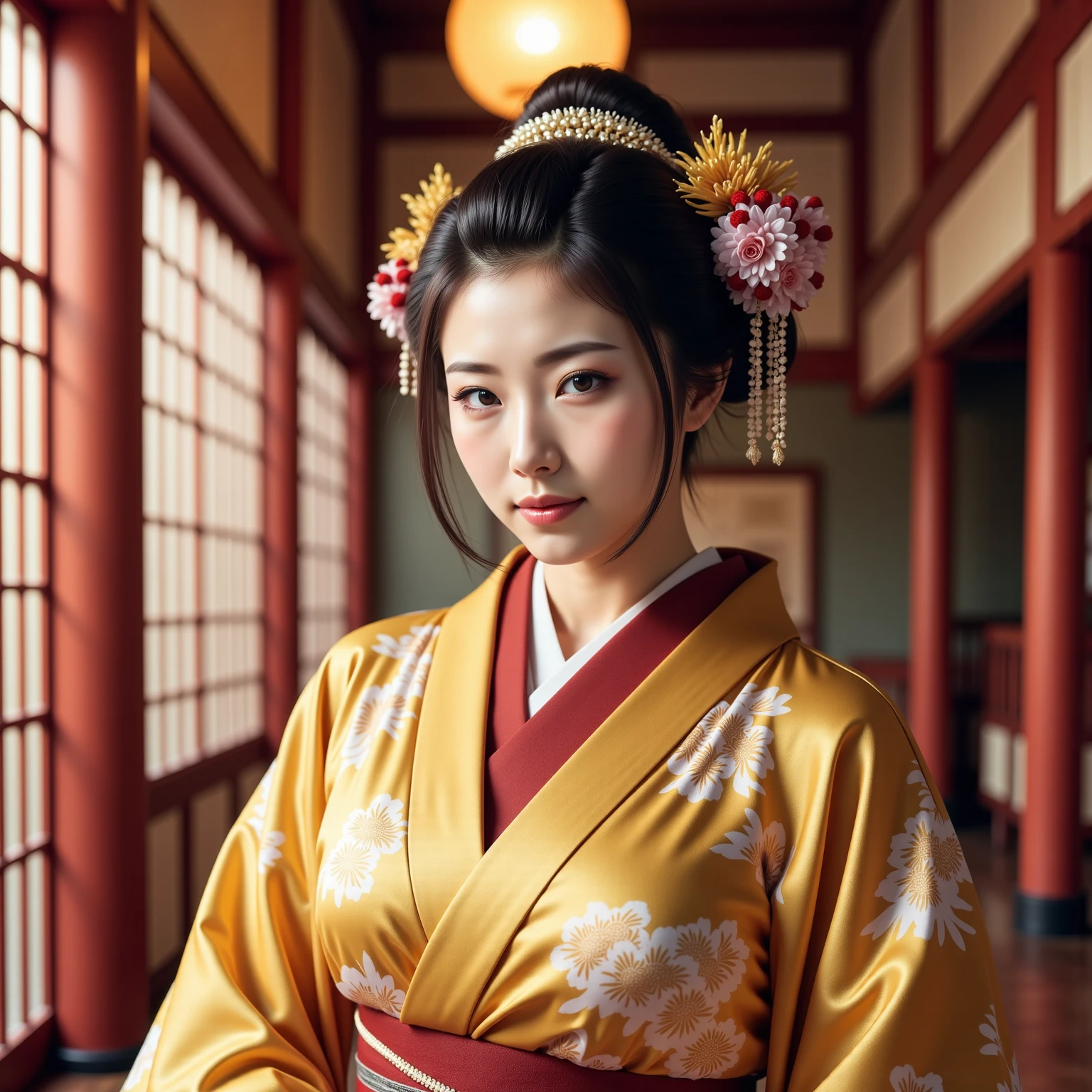 kimono、Cinematic atmosphere、Professional composition、Natural Body、fantasy,sitting in front of a golden screen、flower arrangement、tatami、looking at the camera