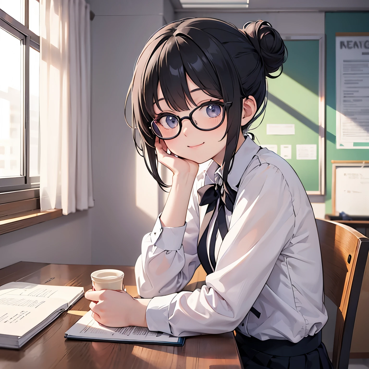 Anime girl, black hair, Messy Bun hairstyle, use glasses, uniform high school, sweet smile, sit one class, window on the next