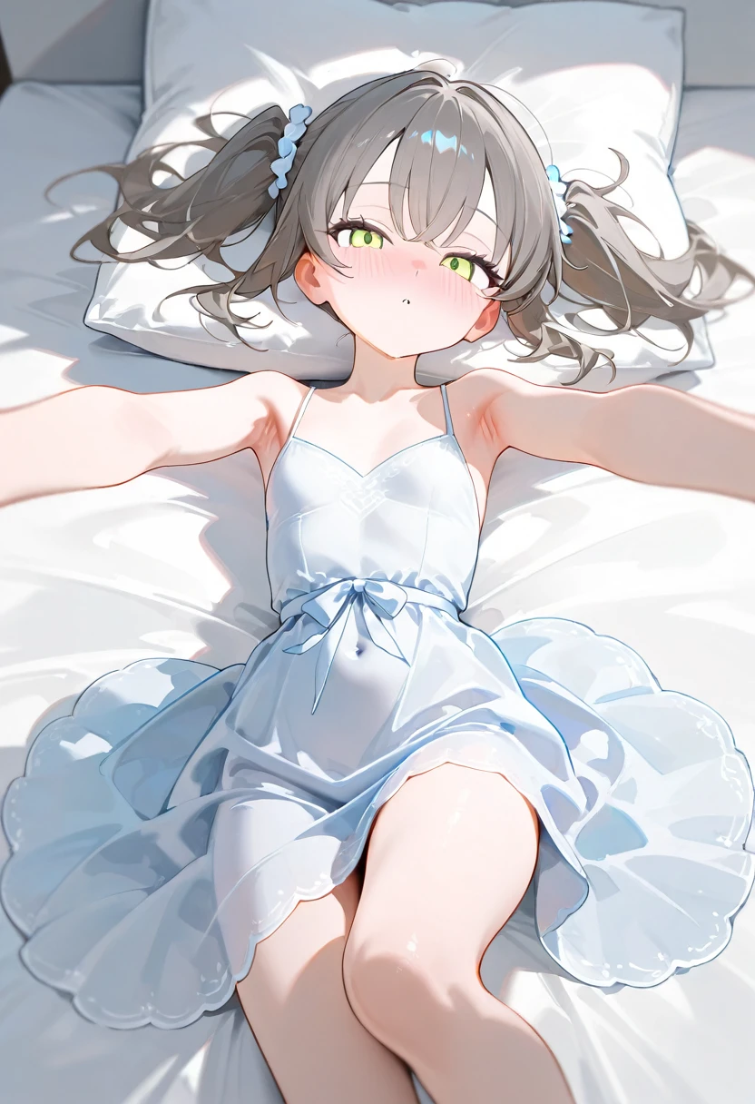 8 year old medieval girl, In underwear、Knee-length semi-transparent bloomers(Drawers)Wearing、Wearing a semi-transparent corset、Translucent slip, Grey translucent tights、sleep