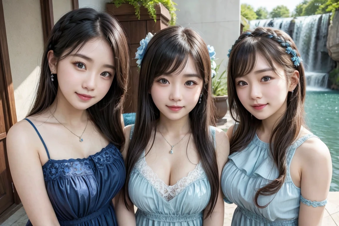 ( 3 girls),smile、Look into the camera、Diamond necklace、Hair in braids, strapless dress in random colors、The material is smooth and flexible.、exposed upper arms、Blue-green striped knee-length socks Extra long twin tail hair、close range shooting、Flower Hair Ornaments、Blindfold、Garter、 Masterpiece, Highest quality, 8ก, beautiful girl, young face、 photography, Cute face, thigh,in the stream,、รอยsmile、small waist, blue eyes(((The chest is erect.:1.1)))(((round chest)))(((big breasts:1.2)))