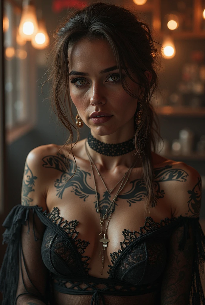 A vibrant and hyper-realistic photograph of a charming, seductive woman close-up to the middle of her large breasts with big amber eyes.with long brown hair , standing in a dark mystical cave. She's wearing a leather top with intricate lacing.,.and her seductive full body is covered with a stunning set of hieroglyphs. Her long, wavy brown hair frames her beautiful face.. In her hands she holds a large watch with a chain made with filigree technique. , pointing at the clock hands , The image demonstrates the artist's mastery of realism. The atmosphere is romantic and epic, with a deep sense of artistic depth and intricacy. The image is rendered with impeccable skill and vibrant colors using Octane technology on Artstation. This photo is in 8K resolution., UHD - a true masterpiece of portrait photography, showcasing soft cinematic lighting variations.