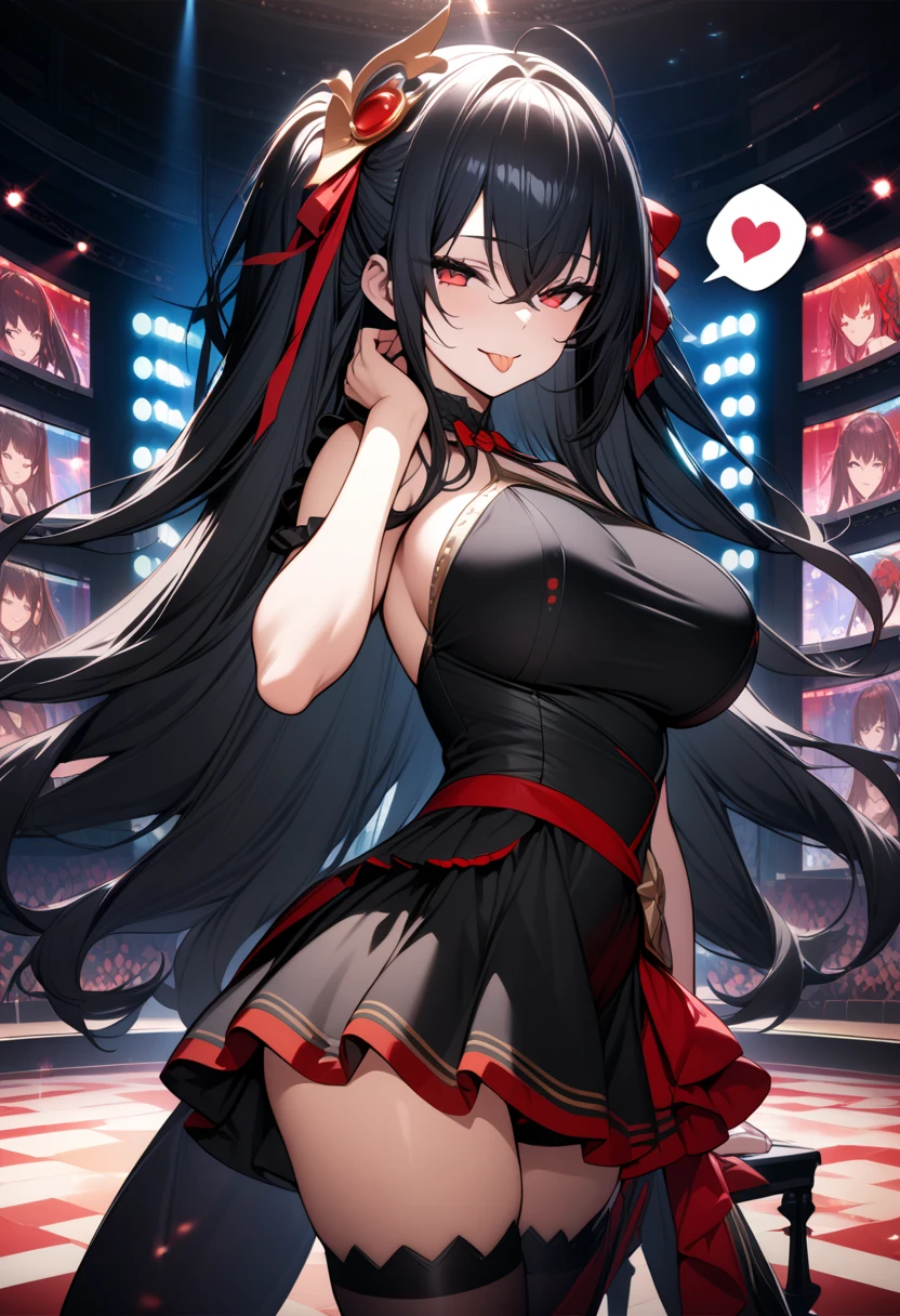 anime panel, upper body , 1girl, Korean, long black curly hair with red highlights, red, slanted eyes, casual clothes, black tank top, ear piercing, necklace, hair illuminated by party lights, party background, shiny party dress, smiling showing teeth, blushing