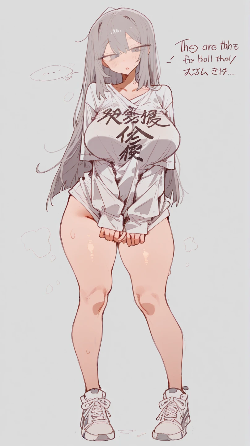 virgin killer sweater, detached sleeves, gray sweater, single hand victory pose,  upper body, zoom out, white background, huge ass , ass , ,, thighs , big thighs , thicc thighs , ass , standing split , standing spilt legs , thighs , side thighs , nude spreading legs , open legs ,, spreading legs , standing legs , thighs , no panties , bottomless , open mouth , tongue out , embarrassed , large breasts 