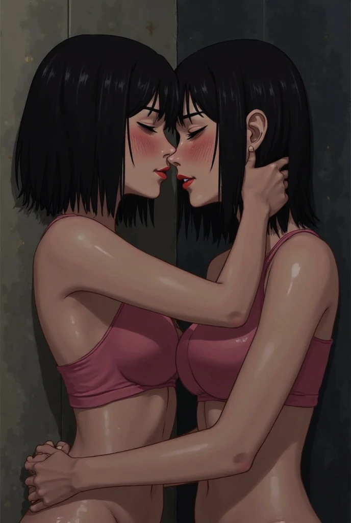 absurdres, highres, ultra detailed, (2girls:1.2), {Sarada, shorter in height, Balck hair, short hair. In her adorable underwear}(single sidelock:1.2), [Hinata, taller in height, long hair, blueish hair. nervous, Underwear, bra and panties laces,] {Lauren phillips lifting alice Merchesi \(meme\),} looking at another, blush, yuri, eye contact, huge height difference, smile, ass, kabedon, standing, pinned against the wall. Yuri kissing, french kiss, tongue kiss. full body, Locker room background, bust shot, Curvy Butt. Wearing Lingerie