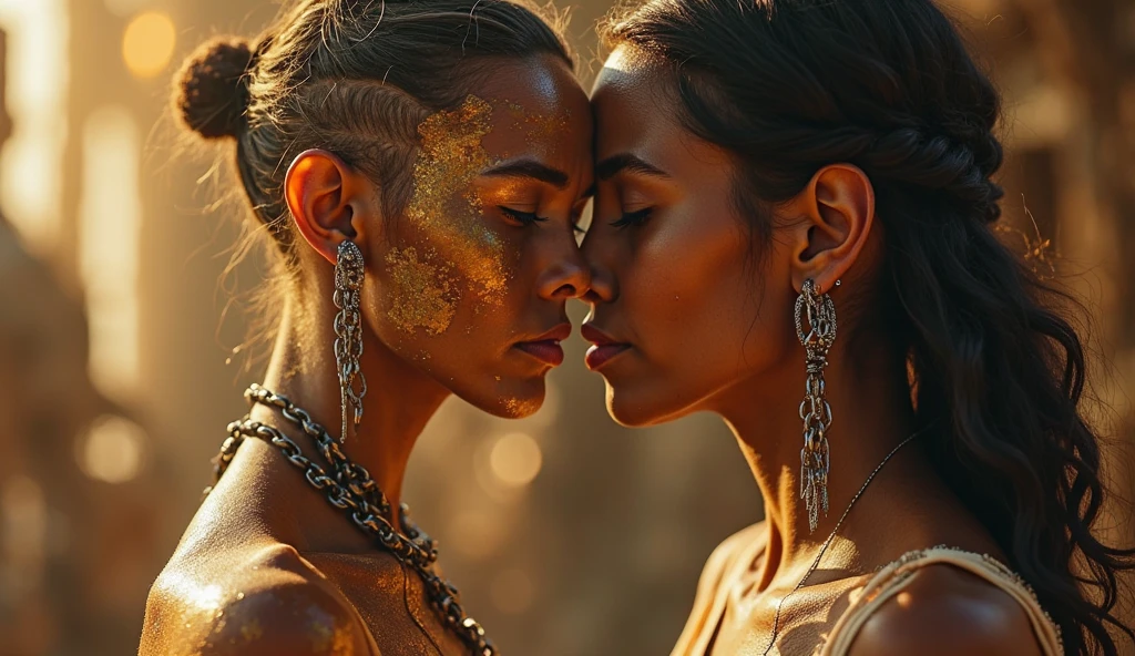 woman-1:(black, African-elder woman, a worrier and spiritual leader) kisses lips of a girl-2: (a young Israeli woman, with a star of david, who has converted into tribal ways and stayed with them). they kiss each other in the lips. minimal clothing on both, full body shot, amanous intentions can be seen in their a sequence of four pictures from the picture-1:(wedding ceremony at night near the tribal bond fire), to picture-2:(the elder bride leads her wife into a personal hut), picture-3:(a worrier elder woman gets undressed by her new wife), and picture-4:(the now naked white wife is on their bed on the floor waiting for her dark elder wife, to join her on it, the white wife opens her legs apart, the elder wife is seen from the back taking in the sights)