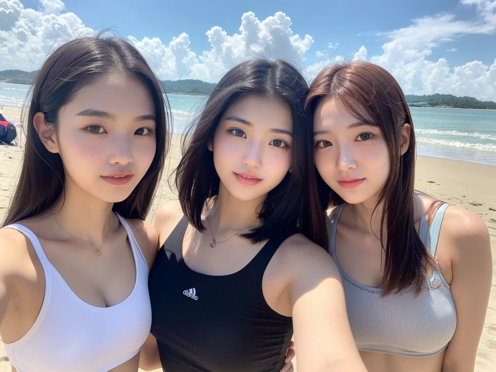 ((Photorealistic lighting, highest quality, 8k, masterpiece:1.3)), sharp focus:1.2, viewer discretion advised (New South Wales) (New South Wales) (New South Wales):1.2, ((realistic)), ((natural light, highest quality)), model-like figure:1.4, (dark brown hair, chest out:1.2), short hair, setting, backshot, (25 years old:1.3), highly detailed face, detailed eyes, double eyelids, necklace, wristband, eyeliner, colorful bikini, (large), (seaside, beach, sandy shore, drinking alcohol)