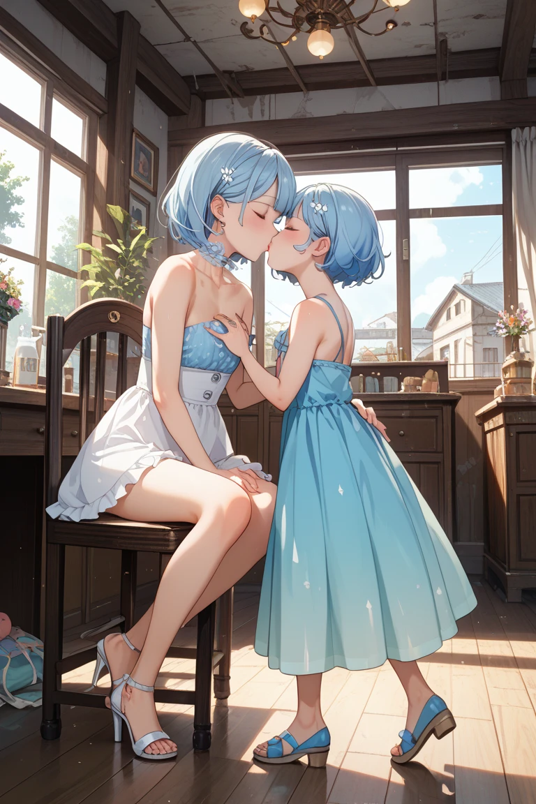 A mother and her daughter, mother has short hair, light blue hair, smiling. Daughter is 5 , has long blue hair, glowing, sidelighting, wallpaper,