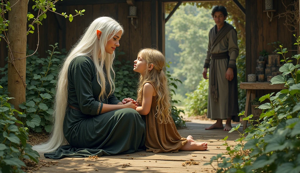 A women with very long teeth and a man with very long hair sitting in garden with their dolphin face children
