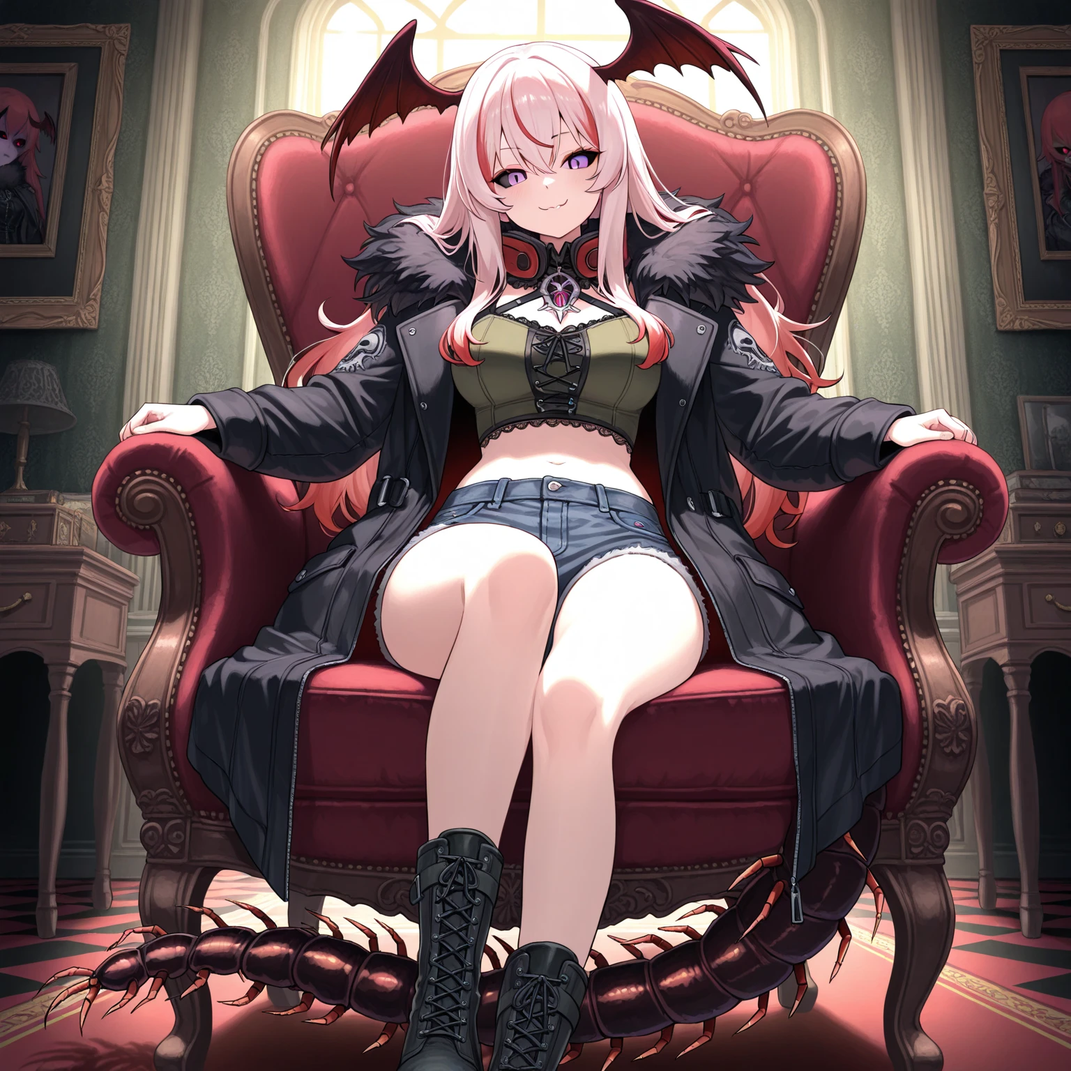 score_9, score_8_up, score_7_up, score_6_up, score_5_up, score_4_up, source_anime, 1woman, pink hair, loose hair, white eyes, glasses ,close mouth, w-w-chain, spread arms, crossed legs, long hair, black bikini, skirt,jacket, evening,thigh high boots, black boots, heels, dungeon, best quality, best res, 4K UHD,