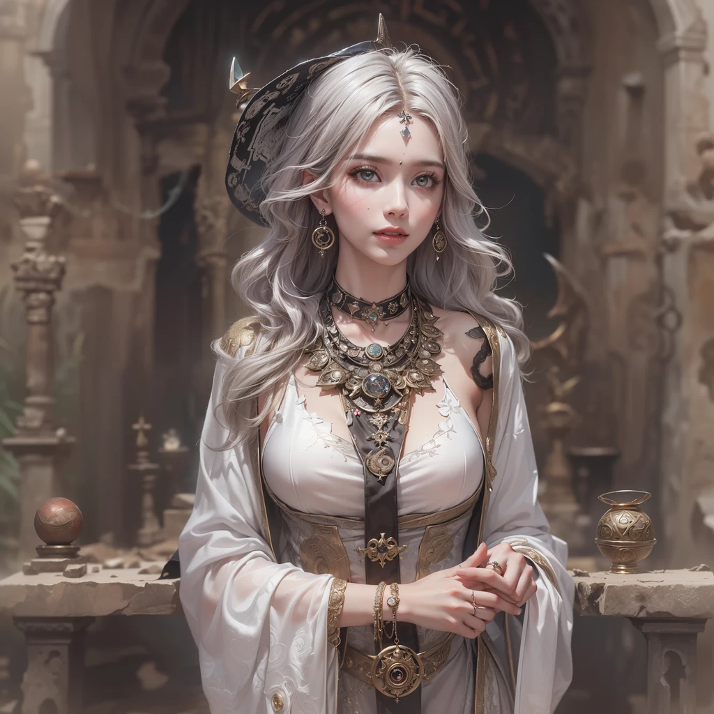 Beautiful woman in insanely intricate Celtic druid Outfit