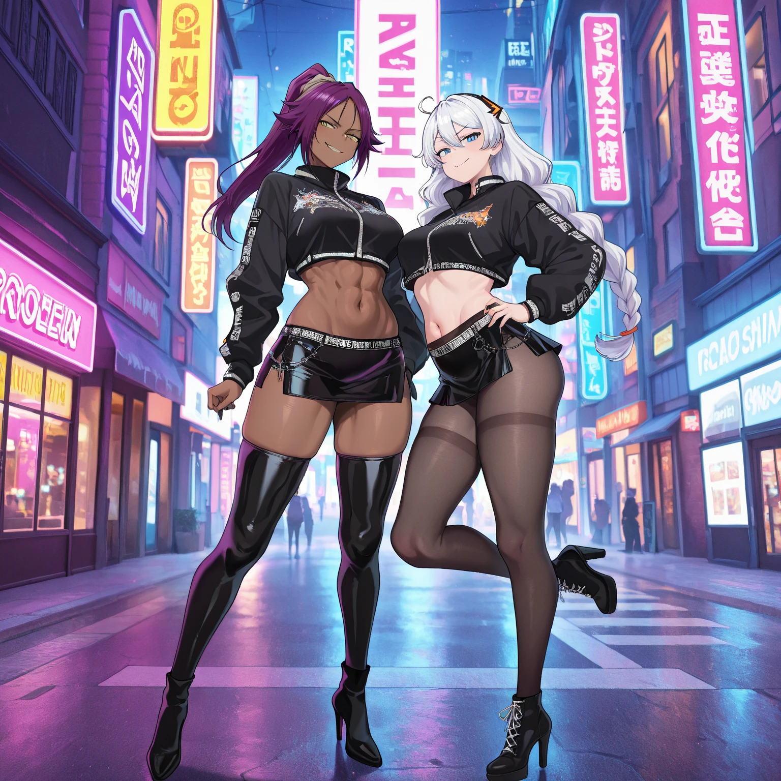 Anime girl standing on city street in leather skirt and black erotic lingerie, Ilya Kuvshinov de cabelos compridos, Arte estilo Guviz, Anime Art Wallpaper 8K, Guvitz na empresa Pisif Art Station, Guwiz at Pisiv art station, Arte de anime cyberpunk, menino monstro, Caramelo pele marrom Menino preto mouro, Penteado careca, streetwear, Corpo Full Slime, cores neon, risos loucos, malvado