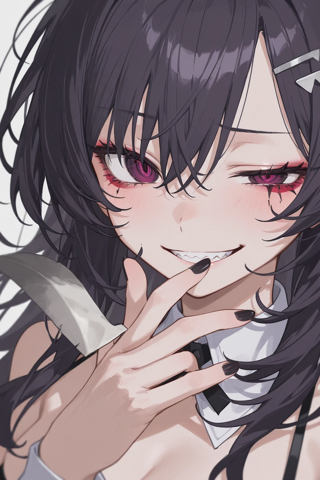masterpiece, zoom out, score_9, score_8_up, score_7_up, portrait, 1 girl, alone, black hair, long hair, long parted bangs, white eyes, black sclera, (blood tears, small smile), evil, parted lips, expressionless, big breasts, upper body, V-neck strap basic dress, black bottom, best quality, long split bangs, Long parted bangs, 