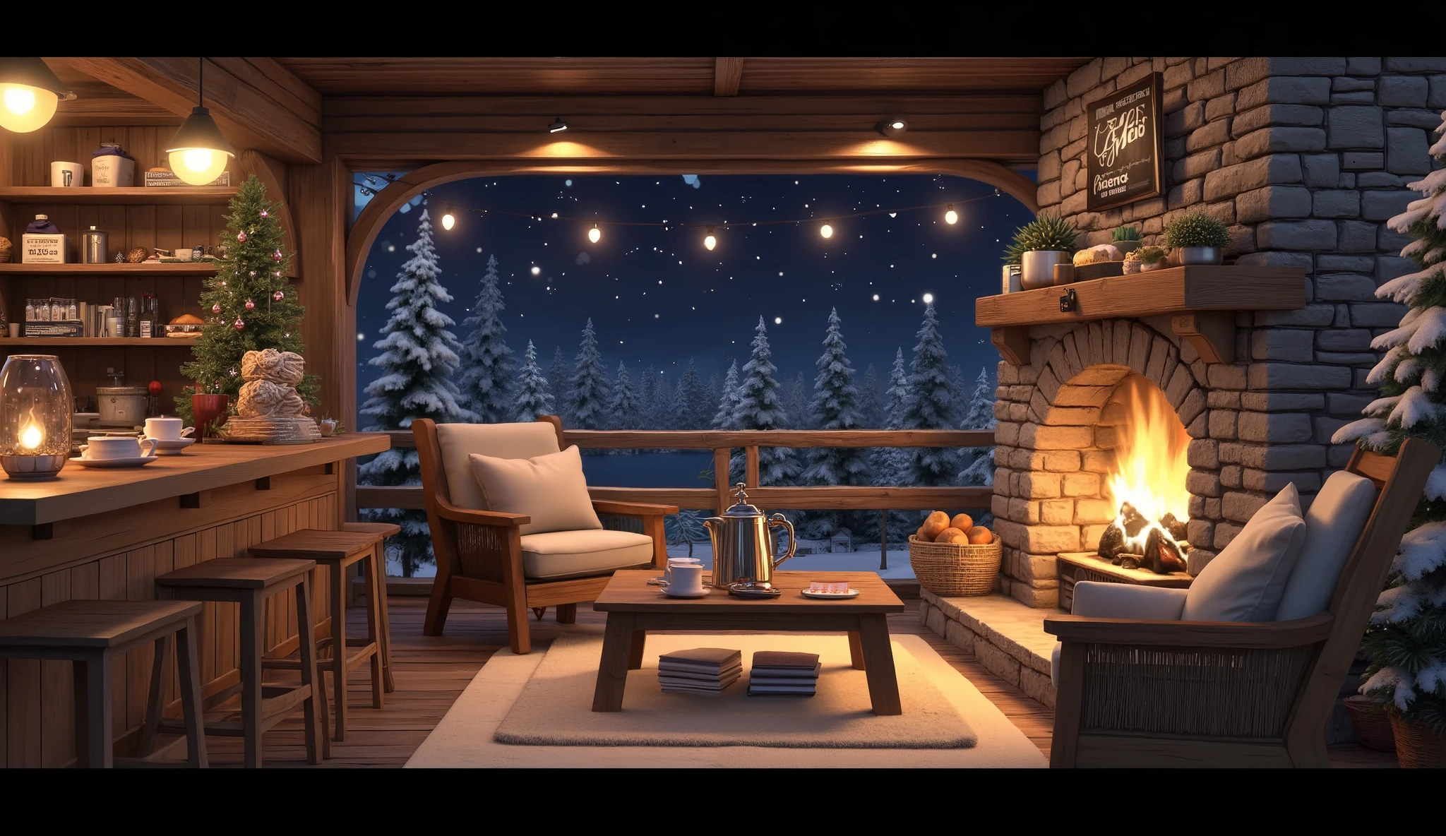 Cozy cabin with fireplace, không có cây Giáng sinhThe scene depicts a Cozy cabin with fireplace, without a rustic cafe Christmas tree, overlooking a beautiful Tranh sơn dầu và acrylic trên vải, một căn bếp của nhà bà ngoại vào ban đêm. Cảnh được dựng theo phong cách Ghibli, Tác phẩm sử dụng các màu sắc nhẹ nhàng và kết cấu sơn bằng tay để tạo ra một không khí thanh bình. Nó nắm bắt được tính thẩm mỹ của anime, kết hợp "nghệ thuật lo-fi" và những cảm hứng mùa hè với độ chi tiết cao và độ phân giải siêu cao để tạo ra một hình nền kiểu hoạt hình đẹp mắt. .
The interior has a wooden counter , on which a shiny metal coffee pot shines , symbolism of the art coffee floor and welcome . Under the counter , a glass display cabinet showcases fresh bread and pastries , man who fits the suit perfectly .
Beautiful rustic details, stone fireplace that fits snugly against the small brick wall and raw wood add a little extra special to the space.
Comfortable design wooden chairs arranged along the counter , ideal for a relaxing holiday . Back , a wooden shelf filled with bread and rustic bread brings order and touches , while a blackboard with the inscription " cafe" displays the prices of products attractively .
on the outside , được bao phủ bởi một lớp snow , creates a contrast with the warmth of the interior .
A wooden armchair with soft cushions arranged around a rustic coffee table , with a harmonious layout : a bottle reused as a tree vase , a cup of steamed coffee and a scented candle radiating accessories . Next to the characteristic gray color , a small sedge basket containing books and decorations , enriches the atmosphere .
The surrounding landscape is to enjoy the dark winter night sky , Earthy yellow light reflecting on the surface of the small lake . perfect for contemplation and meditation .Instagram viral cave living room with fireplace, coffees, Foods , cozy balcony. snow . without person