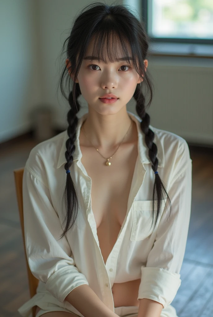 highest quality、超A high resolution、(Photorealistic:1.4)、1 girl、 uniform、Dark Eyes、(Faded dark brown hair:1)、Twin tail hair、(Small breasts:1.2)、View your viewers、Close-up、Slightly red cheeks、Scared face、Old apartment background、frog-sit on the floor