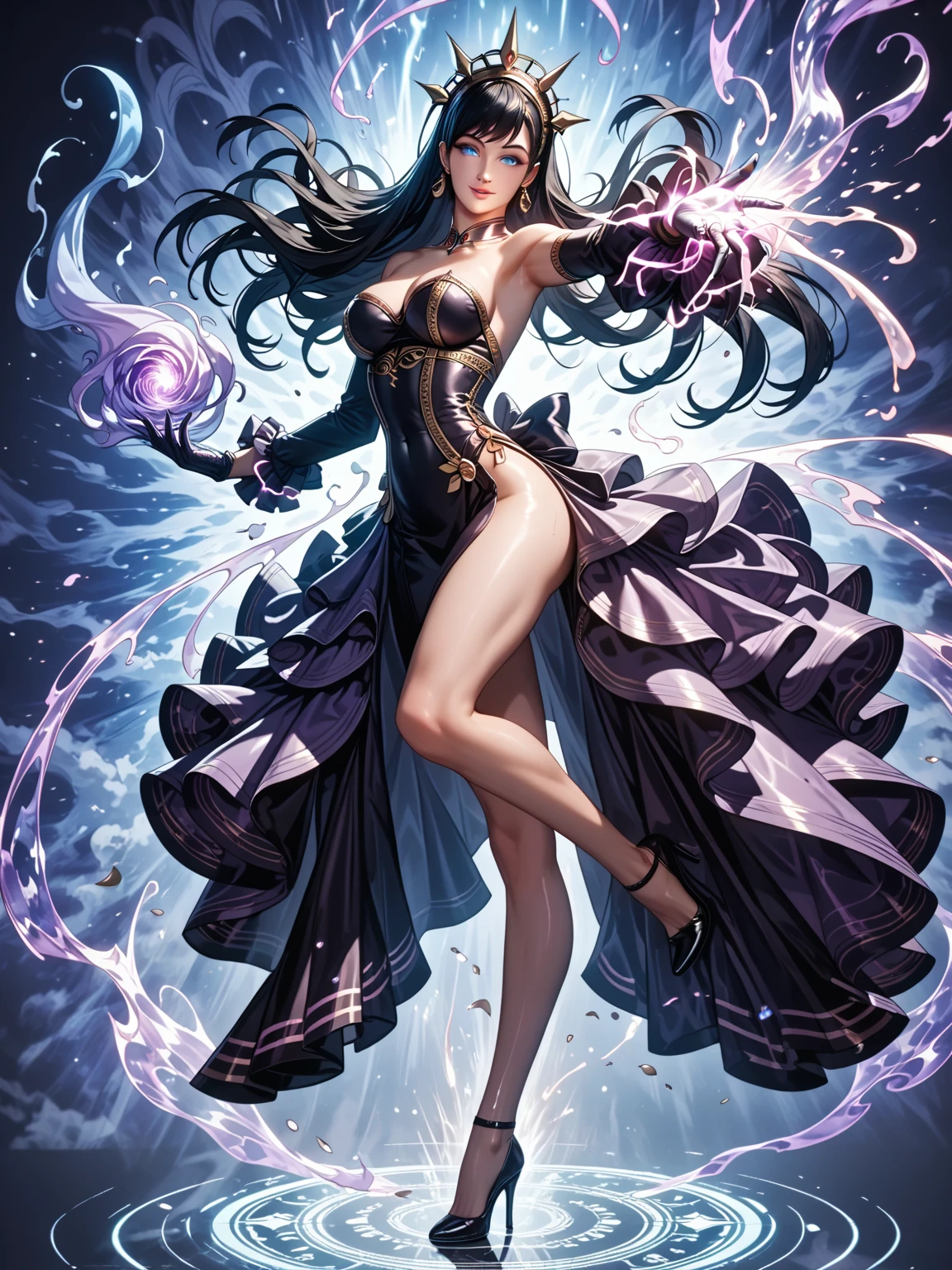(best quality, high resolution, Super detailed, actual, photo-actual), digital painting, bright colors, mysterious atmosphere, dark background, glowing eyes, charming expression, flowing hair, ethereal beauty, floating ghostly figure, intricate jewelry, charming aura, dynamic poses,Fire magic,
