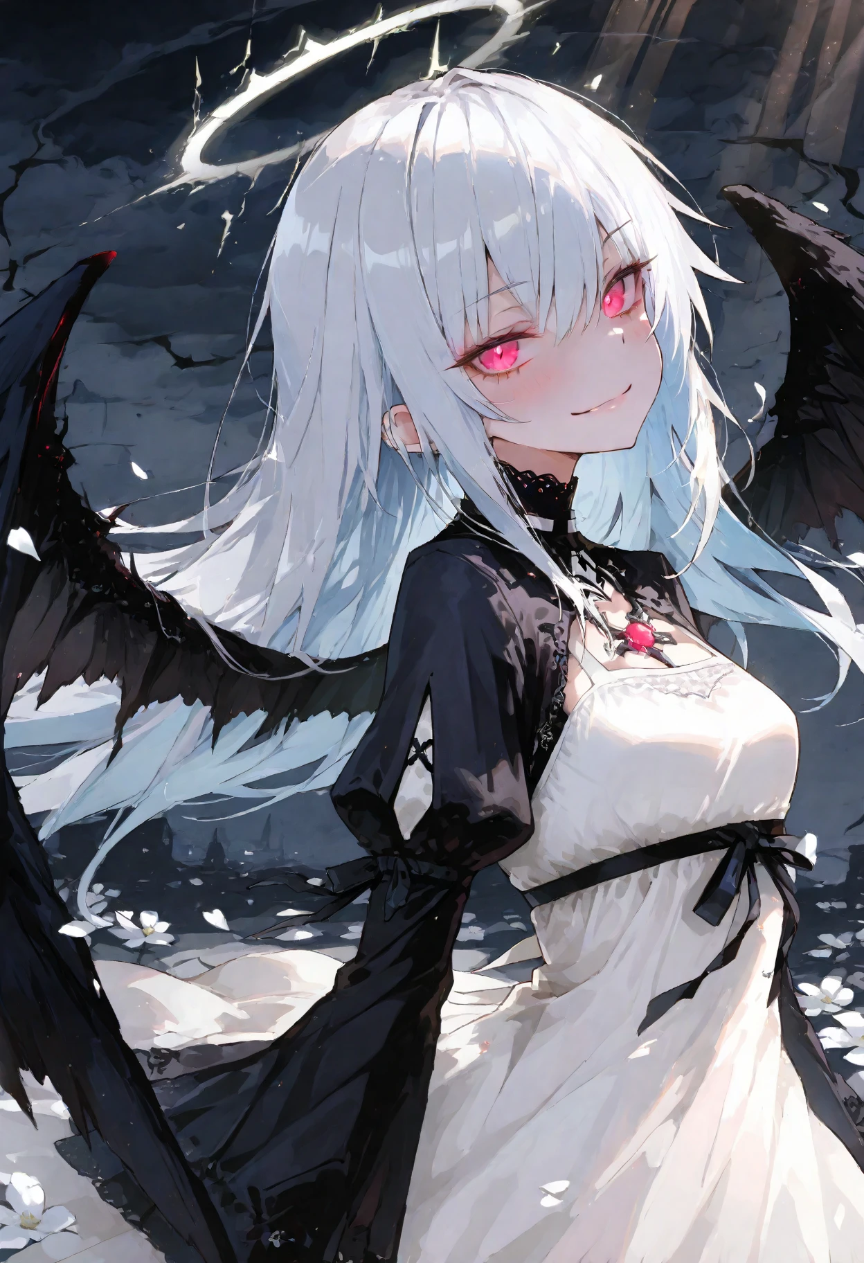 ((Masterpiece)), ((best quality)), (super detail:1.2), (High Definition:1.3), (Professional Photography:1.4), ((12 years old)), (1girl), cute young girl, (beautiful shaggy hair), shaggy bangs, (naughty smile), silver hair, pink eyes, (long hair), liner double, black outfit, black rose, black skirt, (one-leg stand), cute,Thin chain accessories, ❤️🖤💗💔, 8K, (jirai fashion), (sharp focus), perfect light, extensions, eyeliner, emo,(sharp focus), (perfect light),