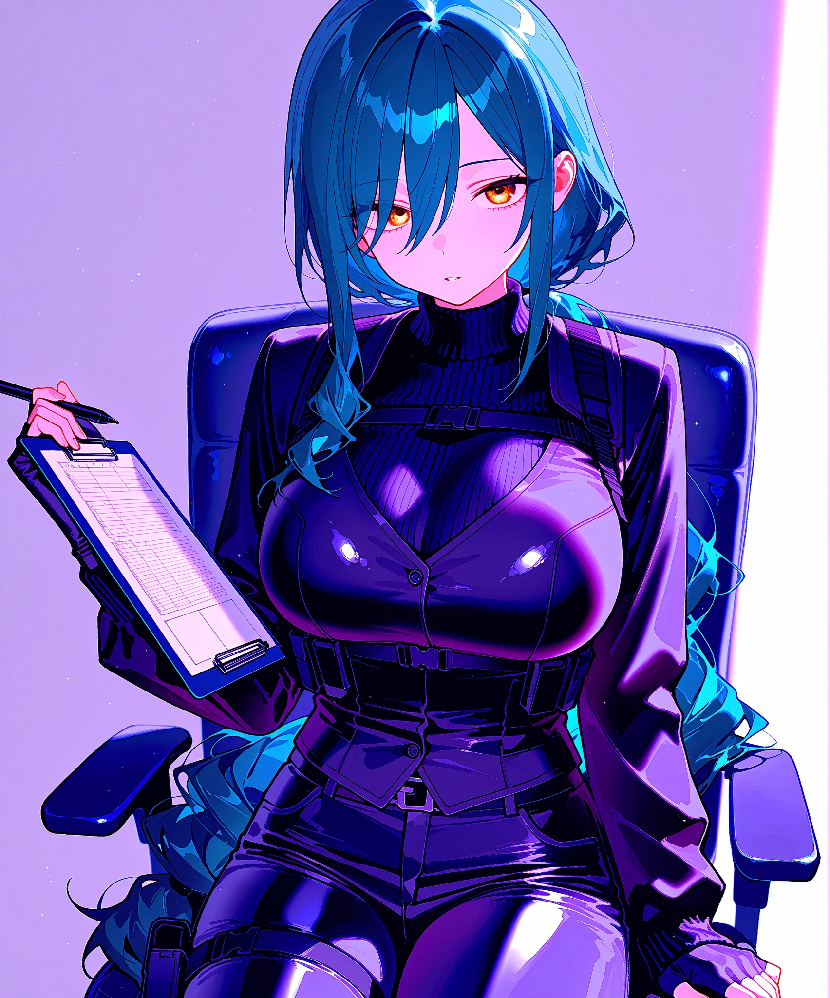 One young Korean woman with golden eyes and lush short blue hair and wearing glasess, wet bronze skin, huge chest, wearing a black uniform and rolled up sleeves, short skirt, leather gloves, a book, crop middle breast,stands in the middle of a office against the backdrop of city, not two characters,