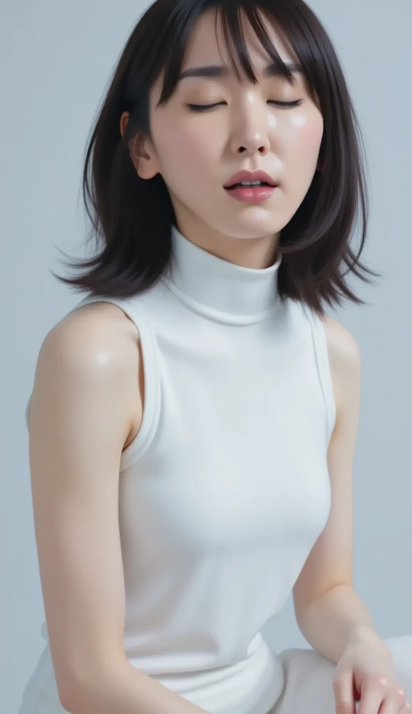 a 30 yo woman,(hi-top fade:1.3),long hair,dark theme, soothing tones, muted colors, high contrast, (natural skin texture, hyperrealism, soft light, sharp),