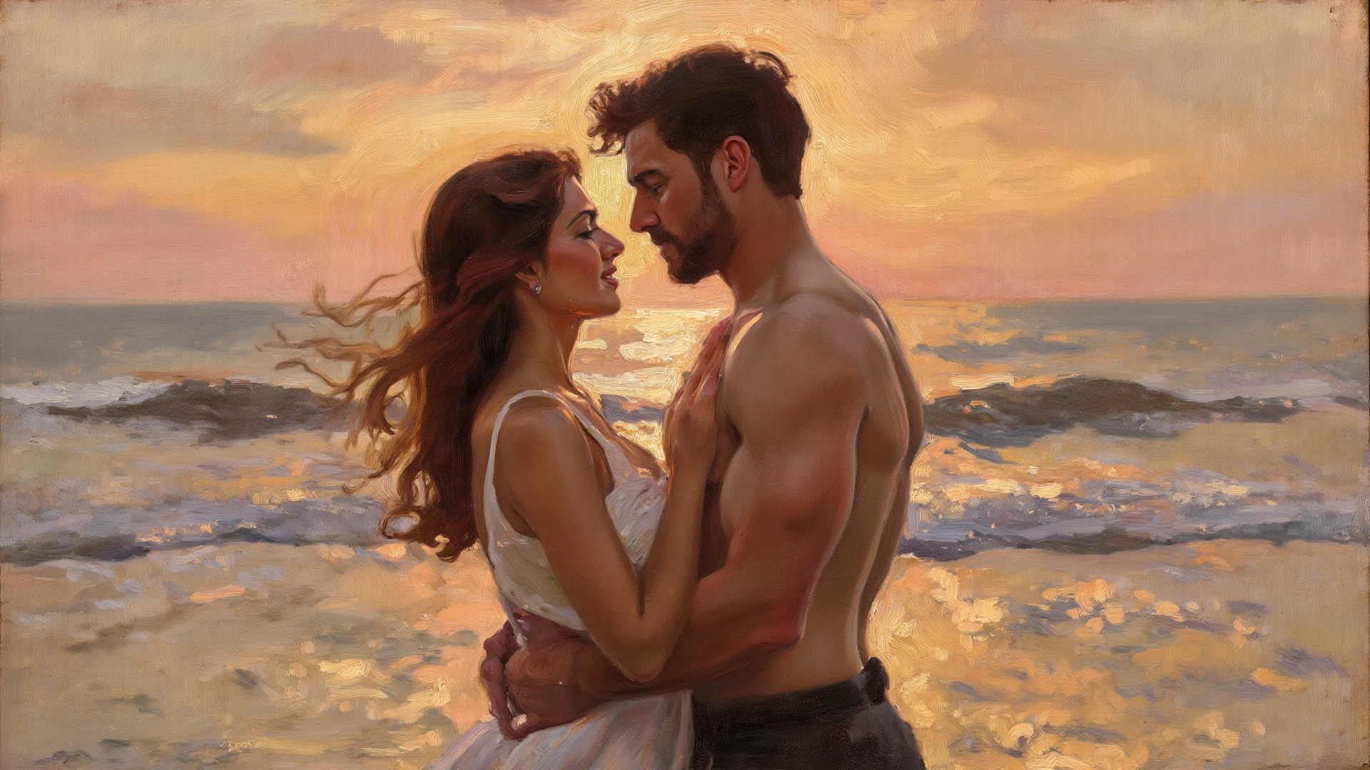 one man and one woman making passionate love on the beach, close view, painting styled by Henry Asencio