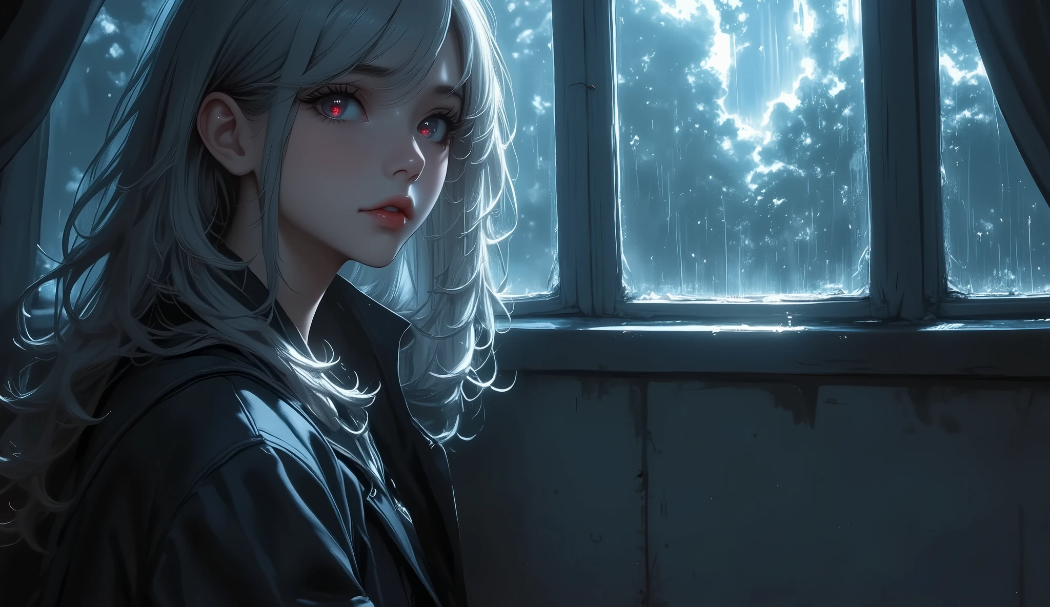 photorealistic,Realistic illustration in Modelshoot style,((masterpiece)),((The best quality)),((Ultra Quality)),((ultra detailed)),((1girl long white hair)),((Only)),((waifu:1.5)),Perfect anatomy,perfect hands,beautiful cuerpo,beautiful_method,ulzzang-6500-v1,e-chica,((Exceptionally Beauty Waifu Princess Tifa Lockhart))Actual photo、Highest im年 quality、Beautiful woman、Beautiful thighs、Beautiful Face、Uniform Ponytail、Yuriko Yoshitaka、Japanese women、pretty girl、skirt、Beautiful thighs、pumps、Sit on a chair、(front:1.6)、(Open your knees:1.4)、Panty shot、,((bright-pink_eyes)),long wavy hair, ((white hair)),hair clips,eyeliner,cute makeup,lipstick,Glossy lipstick,with a look of terror, worry and sadness,((eyes detallados perfectos)),rainy with fog outside,evening,pink theme,bioluminiscencia,light particles,((Extremely CG Unity 8K Wallpaper)),((cinematic lighting,Best quality lights)),intricate details,Suave,sharp focus,Extremely beautiful and aesthetic,Octane rendering,Full length portrait,damp skin,((Perfect detailed body)),