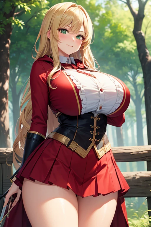 beautiful girl with long blonde hair, blue eyes long eye lashes, wearing red sexy nun outfit, posing behind a castle with green grass and trees, bright sunlight