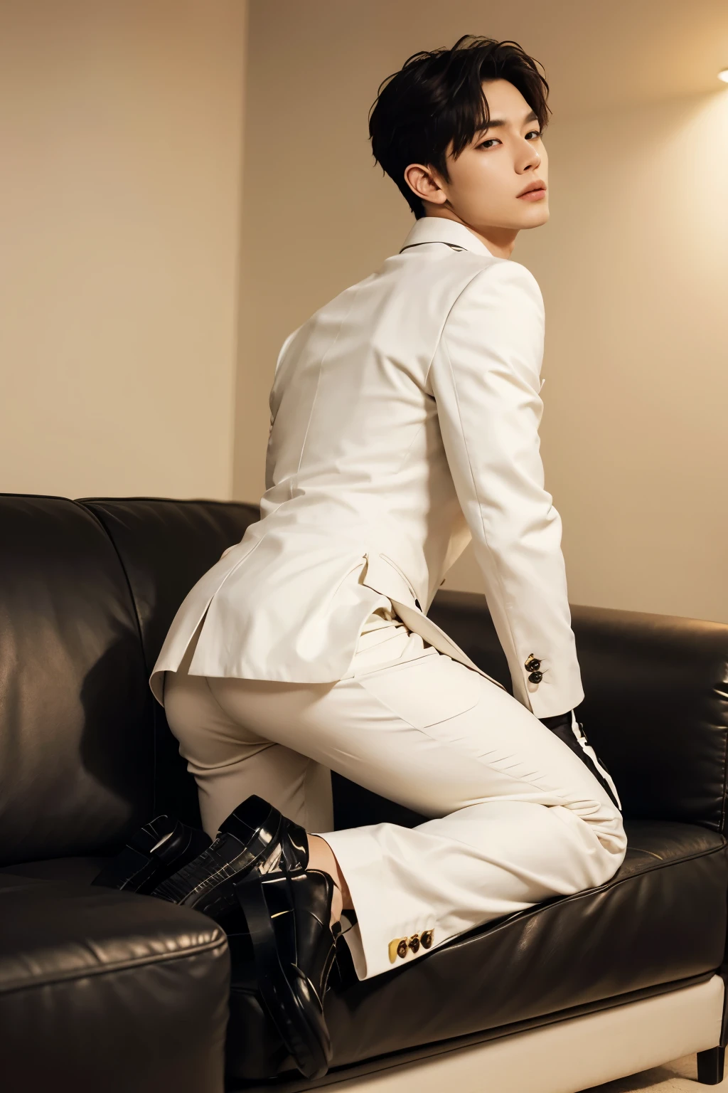 (masutepiece,High resolution,ultra - detailed:1.0),1(Boy,Robot Boy),Perfect male body,Look at the camera,Delicate eyes and delicate face,extremely details CG,Unity 8k wallpaper,intricate-detail,solo person,Detailed face, (Futuristic tight spandex white bodysuit), Best Quality, hands visible, (White Gloves), Beautiful and delicate blue short hair:1.5 , full length shot(fls) , big thighs , big hips , insane details, hyper details , photorealistic , ,only boy ,only male , puffy nipples , 16k resolution , ultra-high clarity , hyperrealism, uhd,. K-pop idol ,   whore , slutty whore , swollen nipples , defeat , grins ,thick thighs, male , unrealistic wide hips , unrealistic pelvis , 
