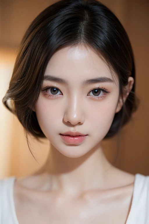 ((Close-up photo of the face:1.4)), Mix 4, (8K, RAW Photos, Highest quality, masterpiece: 1.45), (Realistic, Photorealistic: 1.37), ((Completely naked)),One Girl, cute, Laughter, Professional Lighting, Plain,Photon Mapping, Radio City, Physically Based Rendering, Gradient Blonde Hair, Brown Hair, Very short hair,Gal,Highest qualityの写真, High resolution, 1080P, (Beautiful face), (Detailed facial depiction), Vibrant, Extreme light and shadow, Bob Cut Hair, masterpiece, Rich details, (Detailed facial features), (Highest qualityの写真), (masterpiece), (Finely tuned), dual、Look in front of you, Thin clavicle,Simple white background