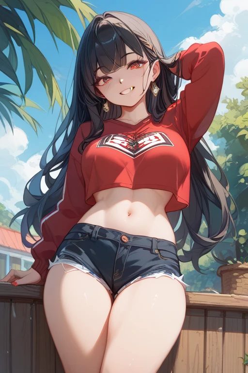 Jörfog,Spy × family role,Red pupils,Black hair,White headband,Reveal a fleshy belly,Feminine abs,having fun,Fleshy thighs,Red convertible sweater,Simetall,Chest open,Full muscles,Tall,Ocean park,Simetall,Comic cover style,Comic cover title
