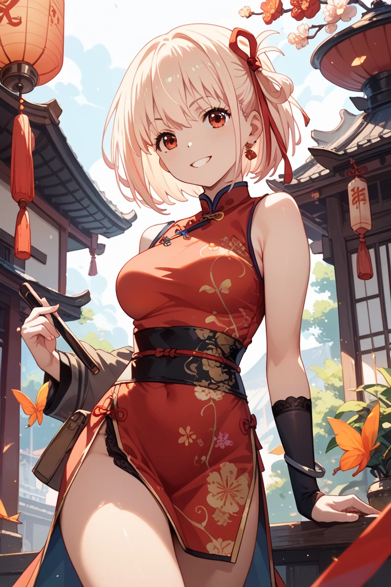 One beautiful blonde girl、red eyes、qipao dress、chinese buildings、独奏、a miniskirt