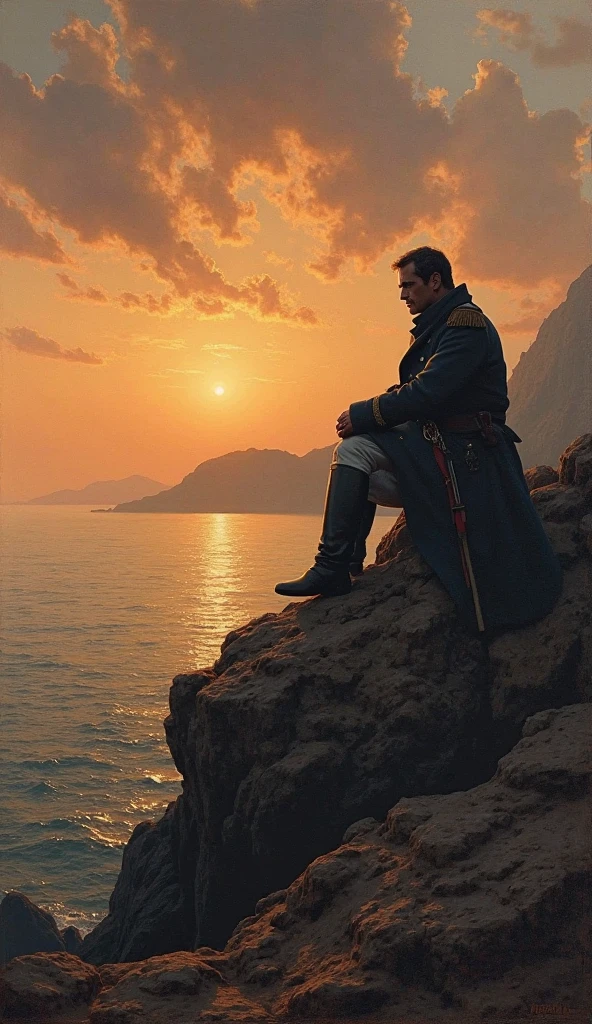 napoleon on a cliff next to ocean looking at the sunset while sitting on a rock