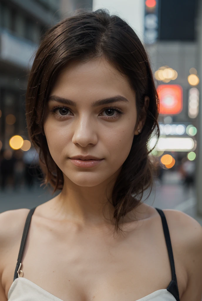 photography, no makeup, close up, dark hair, street background, midnight