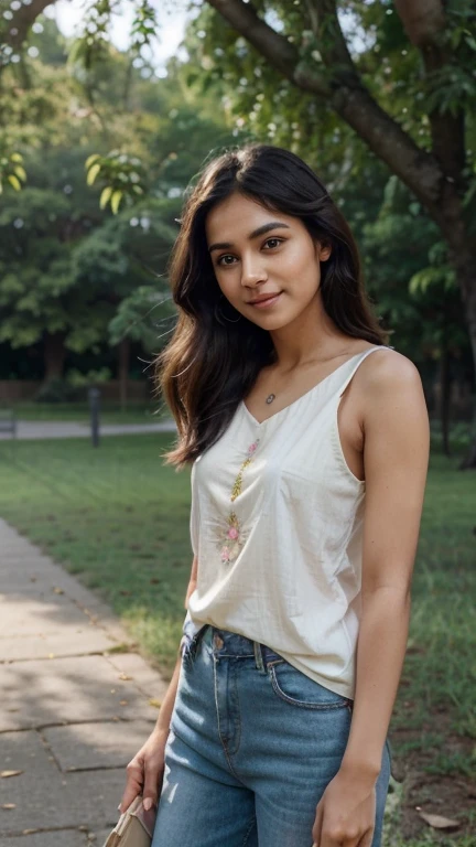 kerala girl, looks like Hermoine Granger, wearing a white t-shirt and jeans, smiling, standing in the shade of a house, luxurious house, realistic dress, raining, luxury, f/8, realistic nature, long shot from the side, enjoying the rain, realistic skin texture, raw,