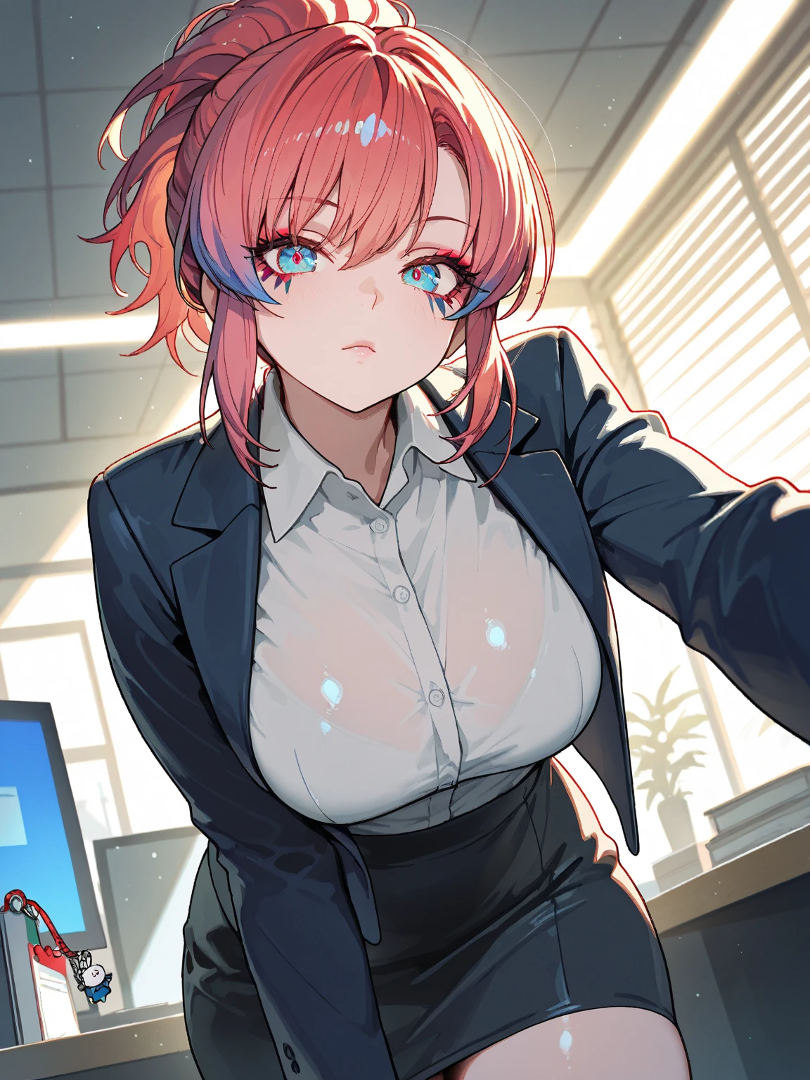 ichikanakano, ichika nakano, short hair, bangs, blue eyes, hair between eyes, smile,pink hair, big breasts , OL, red glasses, end, black suit jacket with open front, white dress shirt, collared shirt, neckline, button, strap,morning日,morning, black pencil skirt, black pantyhose, stiletto heels,
break looking at viewer, whole body, 
break outdoors, School　school gate,
break (masterpiece:1.2), highest quality, High resolution, unity 8k wallpaper, (figure:0.8), (detailed and beautiful eyes:1.6), highly detailed face, perfect lighting, Very detailed CG, (perfect hands, perfect anatomy),