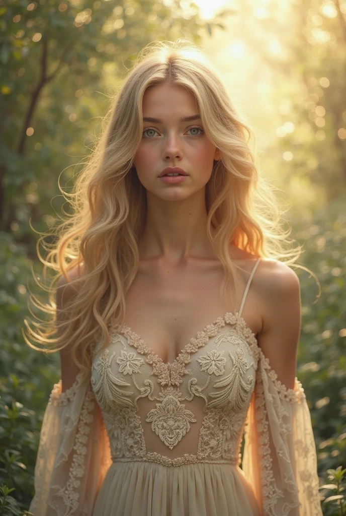realistic:1.2 , sinister, award winning photo, best quality, masterpiece, upper body, woman, freckled face, windblown blonde hair, emerald eyes, modern strapless dress , damp, cleavage , detail skin texture , perfect sexy figure , anatomically correct 