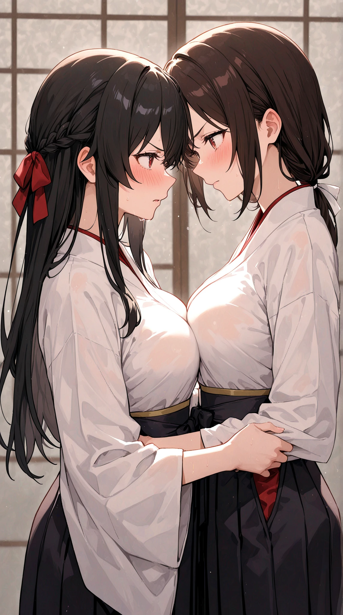 short bob, black hair, black eyes, slant eyes, round face, high teen, bad mood, kimono, open clothes, (intense sex:1.4), (sup right straddle sex:1.4), (hug:1.4), sweat, cum overflow, (looking side:1.4), show off nipple