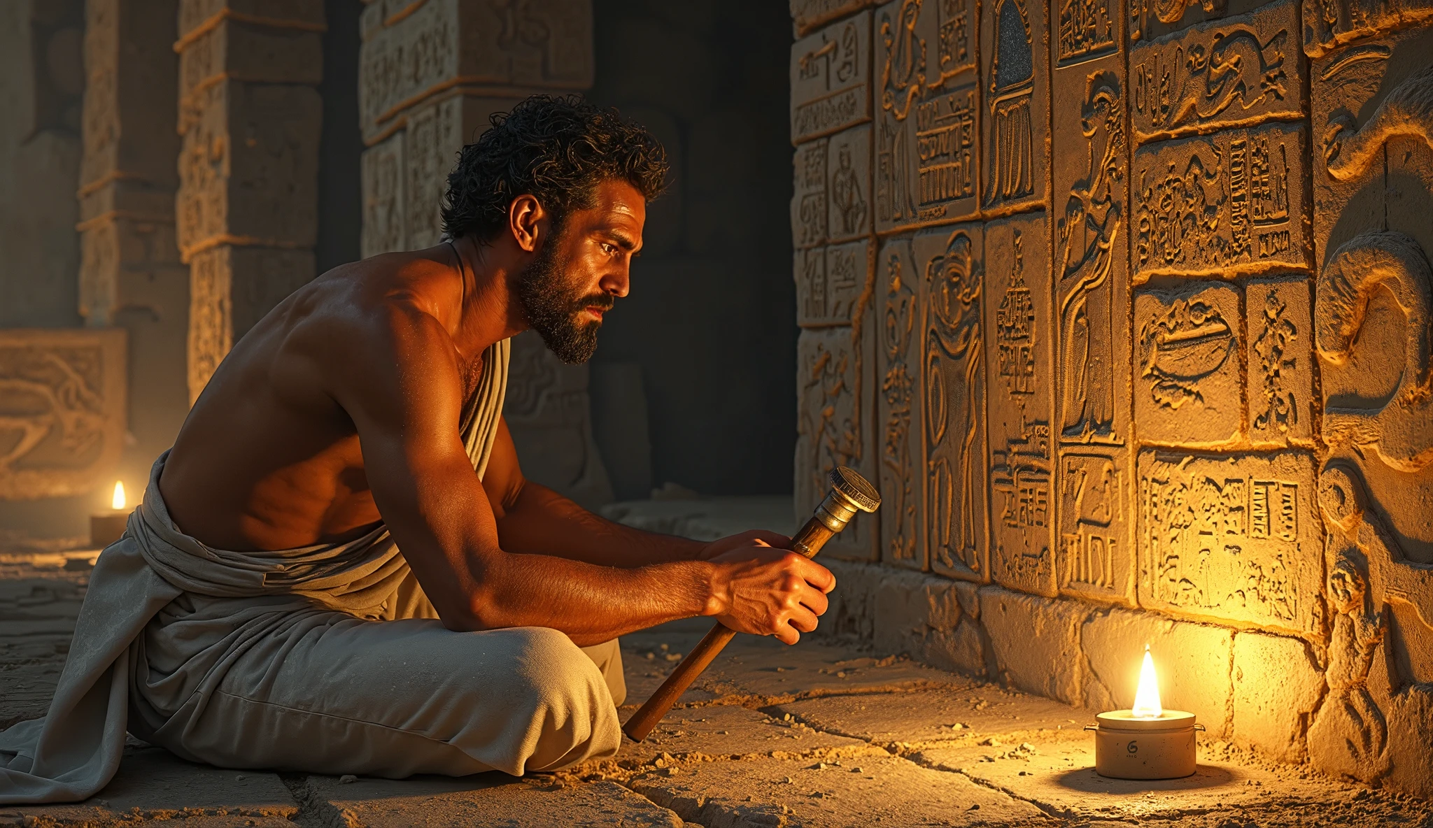 Group of ancient Egyptian priests performing a ritual circumcision on a young boy in a temple against a background of hieroglyphs and statues.