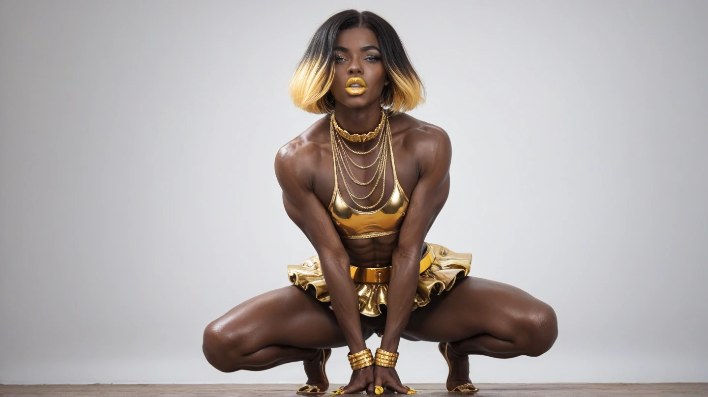 a muscular black woman in a gold one-piece singing and dancing on stage,detailed face and body,beautiful detailed eyes,beautiful detailed lips, extremely detailed eyes and face, long eyelashes,photorealistic,masterpiece,ultra-detailed,8k,high quality,studio lighting,vivid colors,dynamic pose,stage,concert,music,performance,realistic